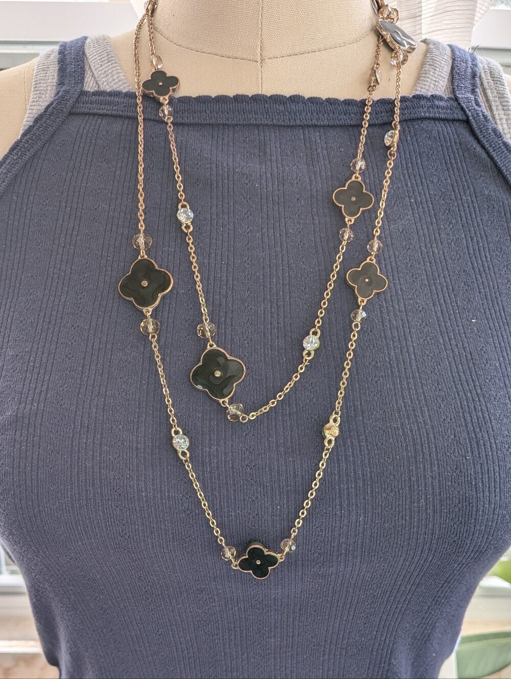 Gold-Tone Opera-Length Clover Station Necklace with Crystal Accents
